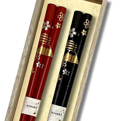 Hashimoto Kosaku Lacquerware Shop Noto Hiba Lacquered Chopstick Pair Set, Mount Fuji and Cherry Blossom Design, with Paulownia Box