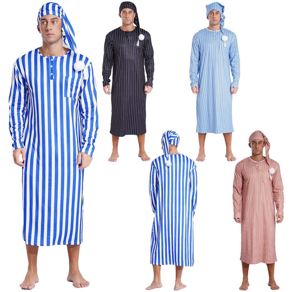 Mens Sissy Nightwear Striped Sleep Robe with Hat Long Sleeve Long Robe And Pompom Adjustable Sleep Hat Arabian Muslim Pajamas