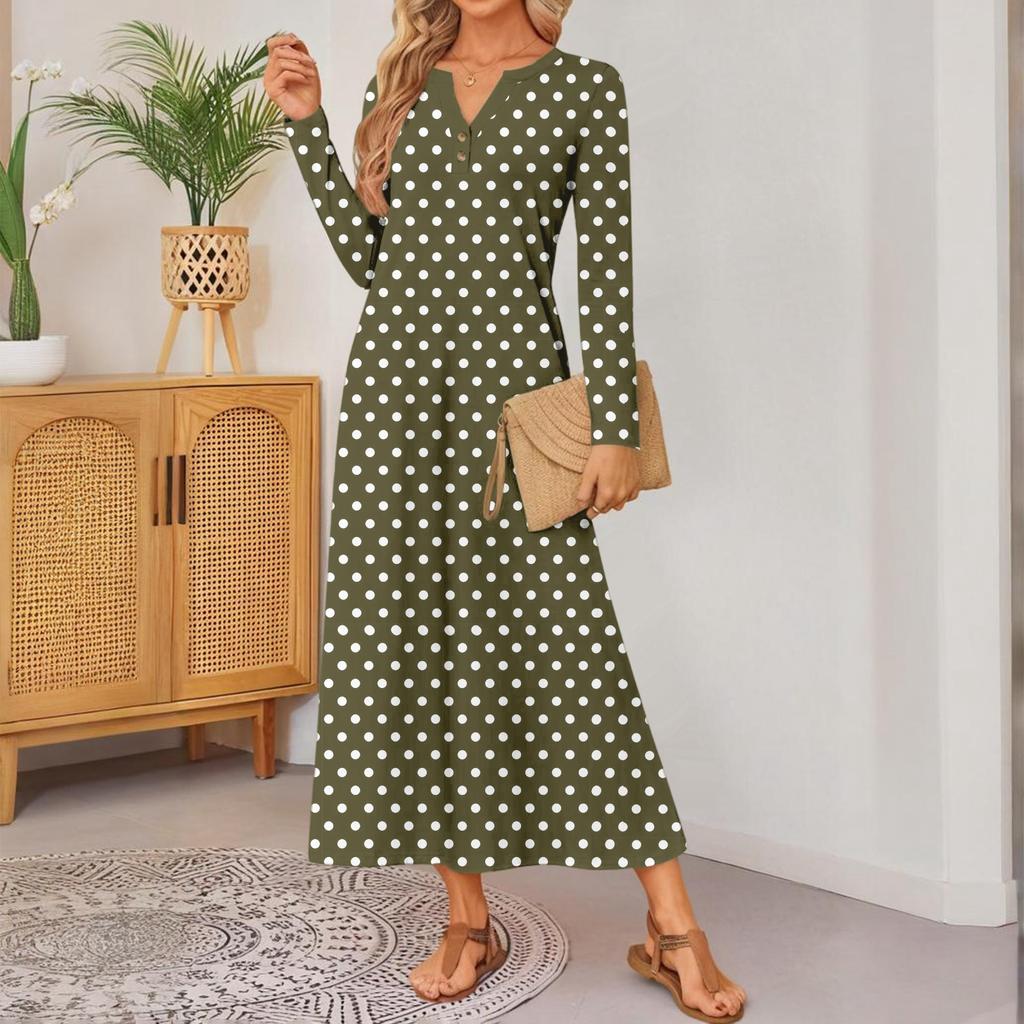 Women Polka Dot Printed Long-sleeved Comfortable Loose Dress, Elegant Dress