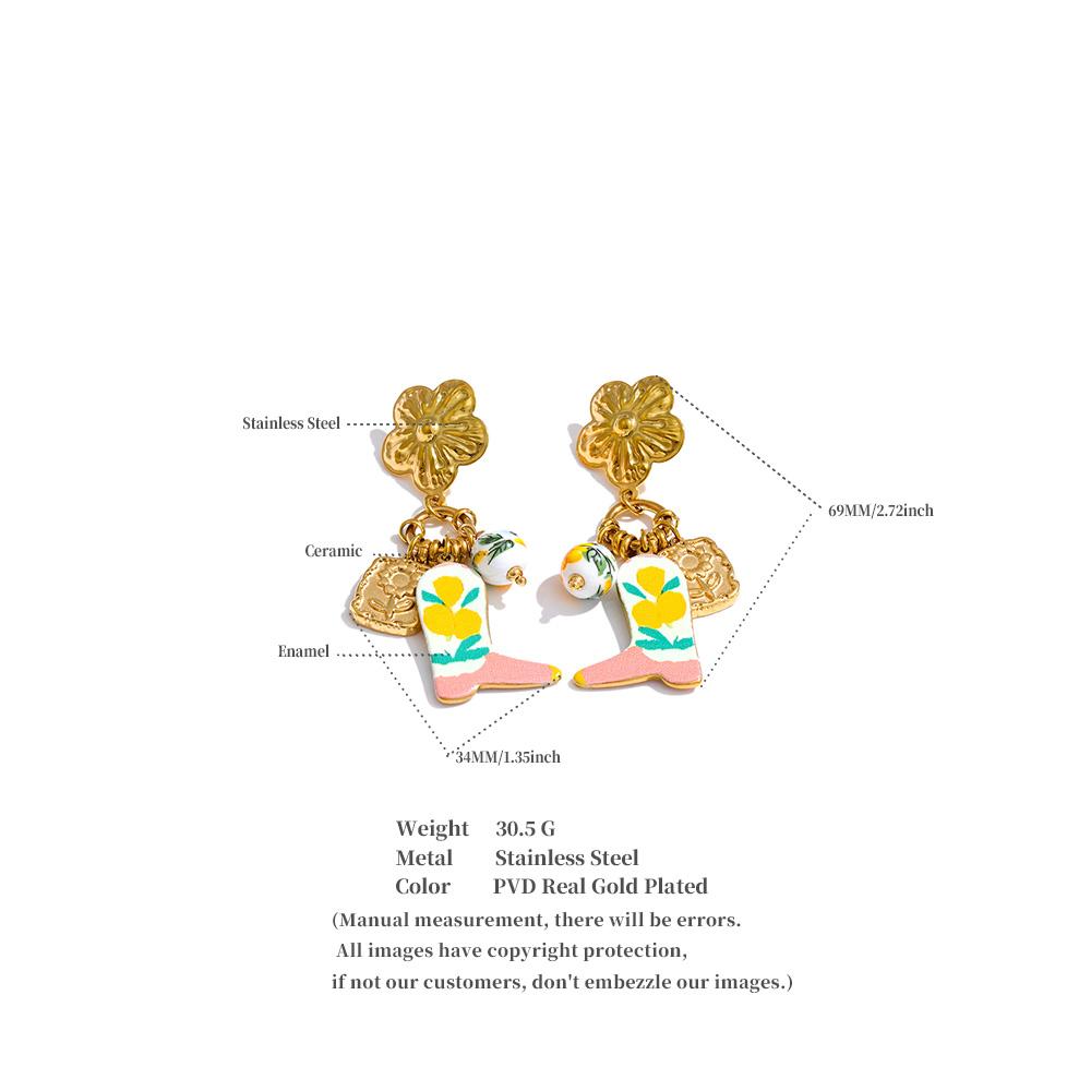 Yhpup Stainless Steel Ceramic Flower Shoes Drop Charm Earrings Spring Summer Creative Handmade Jewelry 2026 18K Gold PVD Plated