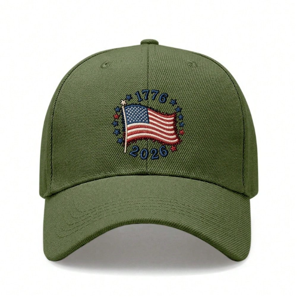 [Patriotic Baseball Cap] 2026 USA Commemorative Unisex Letter "1776" & "2026" Print Black Polyester Adjustable Lightweight Curved Brim Sun Protection