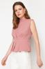 Women's Fashion Dusty Rose Woven Crew Neck Sleeveless Blouse