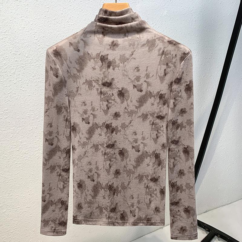 Женский осенне-зимний топ с высоким воротом и длинными рукавами с винтажным принтом, заправленными в талию