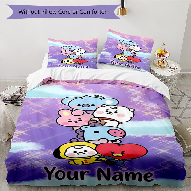 BT21 Friends Custom Name Text Print 1Pc Bedding Set Duvet Cover With Two Pillowcases Soft Bed Linen For Household Bedroom