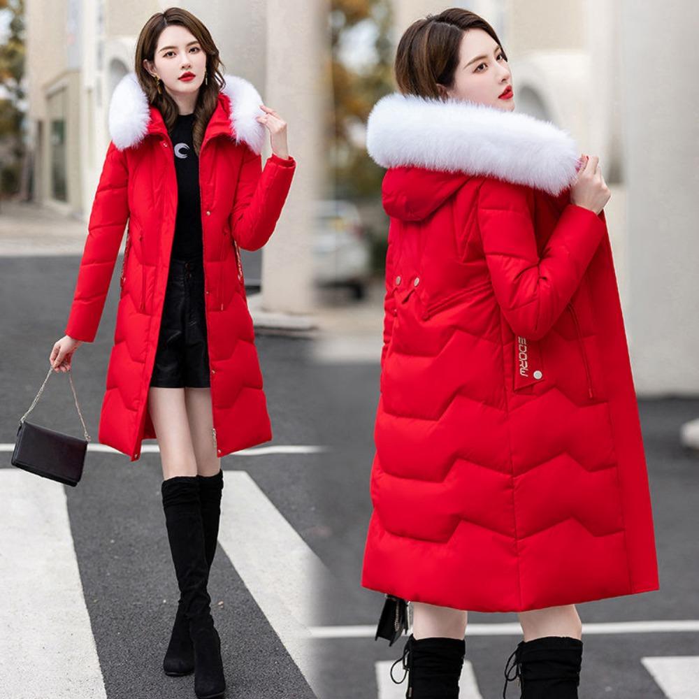 Пуховик женский средней длины и длинный новый приталенный с меховым воротником теплый пуховый утолщенный зимний
