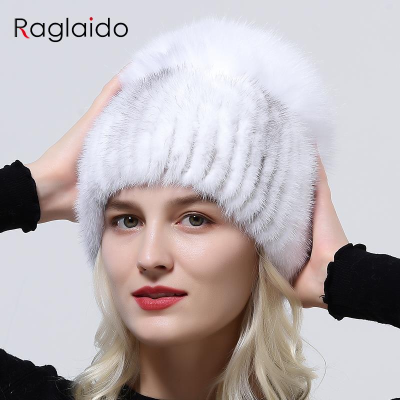 Шапка из 100% натурального натурального меха, женская уличная вязаная шапка из норки, эластичная пушистая шапка из лисьего меха, шапка-бини с помпоном, женский топ, роскошная теплая шапка