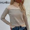 Women's Autumn and Winter Turtleneck Jumper Striped Pullover Knitwear