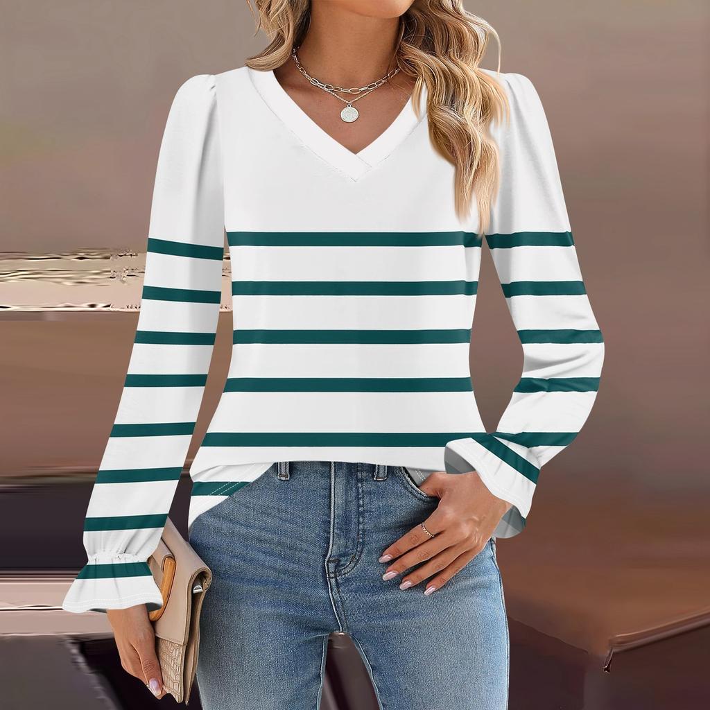 Женский повседневный топ с длинными рукавами и полосатым принтом, с v-образным вырезом