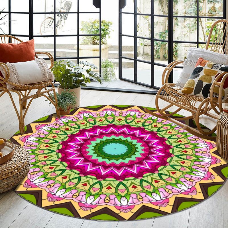 Boho Round Carpet Geometric Flower Design Anti-slip Floor Mat Ethnic Style Artistic Home Decor Rug for Living Room Lounge Office