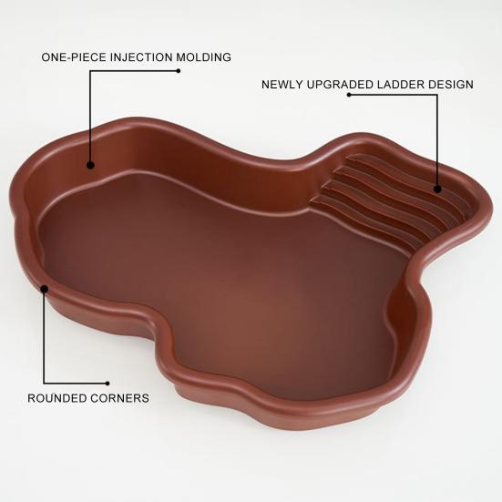 Бассейн с черепахой и противоскользящей лестницей. Платформа для купания. Дренажные отверстия. Черепаха. Рептилии. Ванна. Среда обитания. Ландшафтный дизайн. Держатель для воды. Чаша.