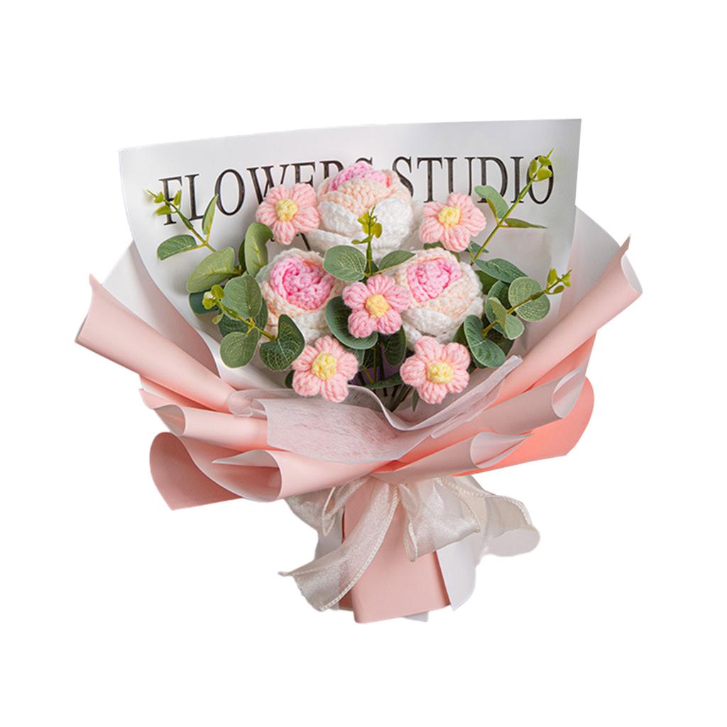 Crochet Flower Bouquet with LED String Lights Gift Bag for Mother's Day Gift, Knitted Bouquet Artificial Rose Flowers