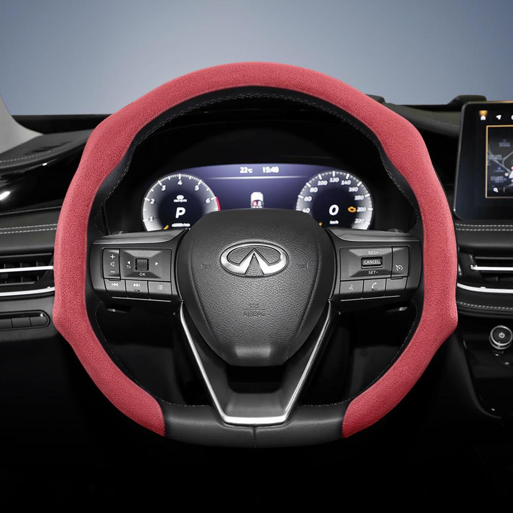 bpzsw1 Suitable for Infiniti Premium Suede Snap-On Steering Wheel Cover, Non-Slip and Durable, Available for Round and D-Shaped
