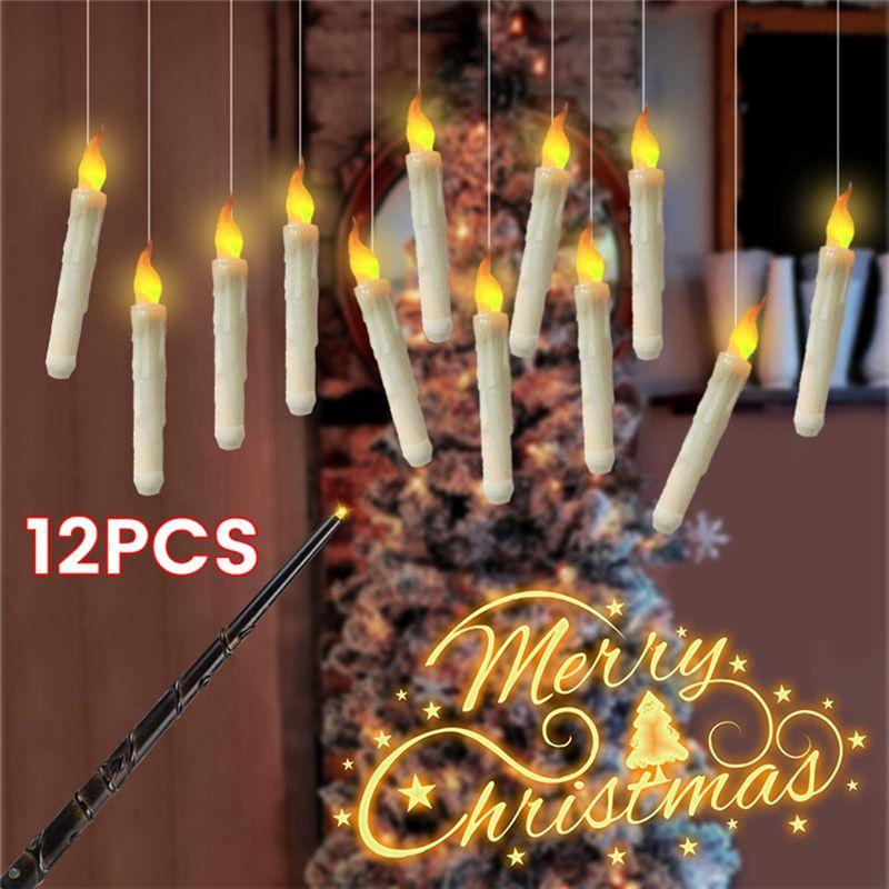 BAAU 12PCS Floating Candle With Wand Remote Magical Floating Candle Flameless Hanging Candles For Christmas Decor A