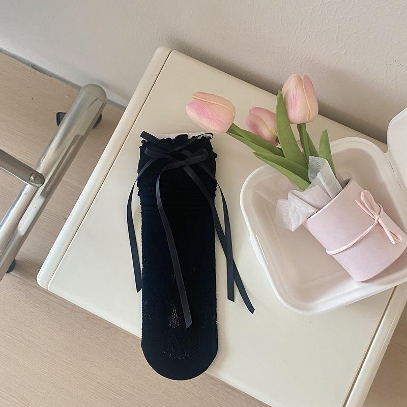 Летние тонкие носки JK с деревянными ушками и кружевной кромкой — дышащий полый стиль для девочек