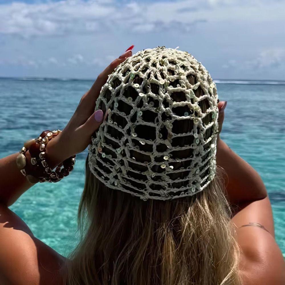 Solid Color Crochet Sequined Hat Elegant Weave Cap Sweet Hollowed Out Knitted Hat Outdoor