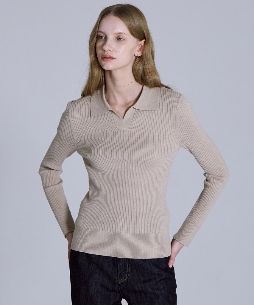 BASIC HOUSE Women'S Collared Long Sleeve Sweater Beige Lykt7203