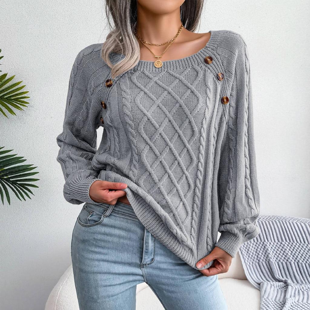 Women's Fashion Casual Solid Color Square Neck Button Cable Knit Pullover Sweater