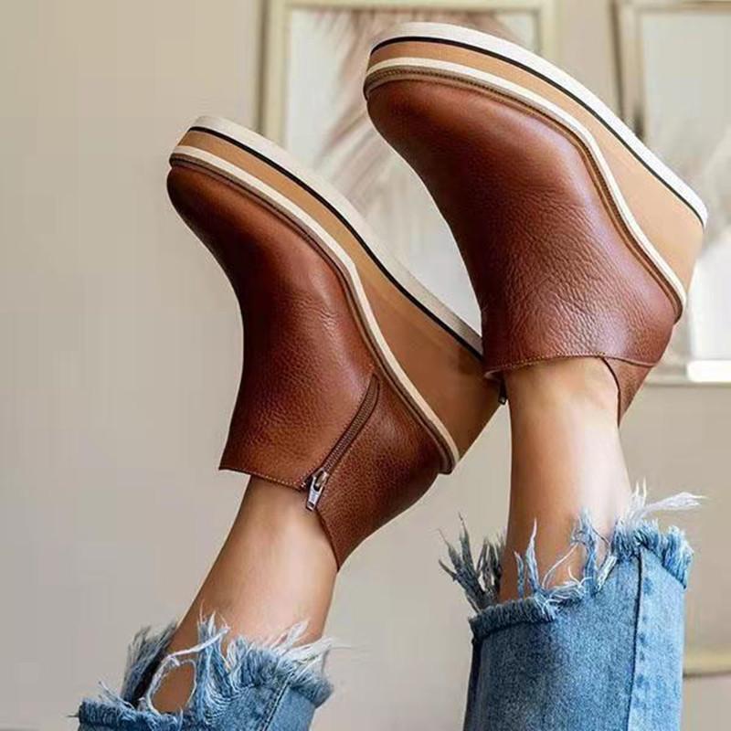 Large Size Wedge Heel Short Boots Women's Autumn and Winter New Flat Bottom Side Zipper Shallow Mouth Bare Boots