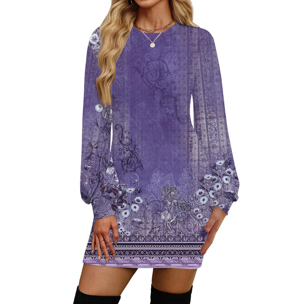 Женское модное повседневное платье с круглым вырезом и длинными рукавами