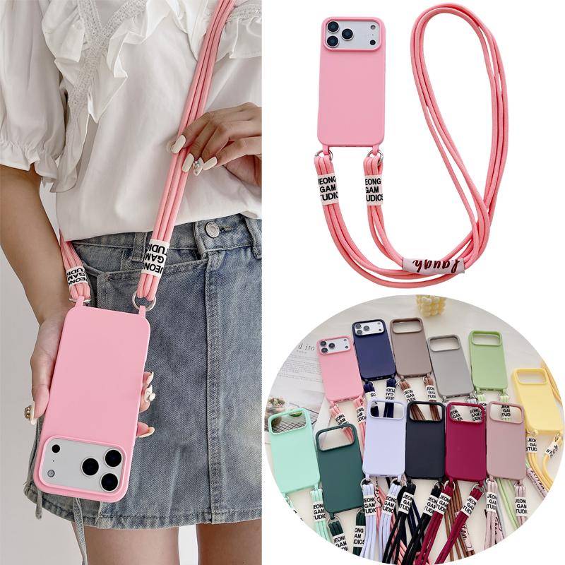 Чехол из жидкого силикона с двумя шнурками через плечо для iPhone 17 Air 17 16 15 14 13 12 11 Pro Max X XR Max 7 8 Plus Samsung S25 S24 23 Ultra Plus