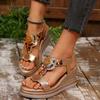 Women Comfortable Beaded Beach Sandals Ankle Strap Open Toed Shoes Wedge Heel Bohemian Style Vintage Outdoor Holiday Sandals