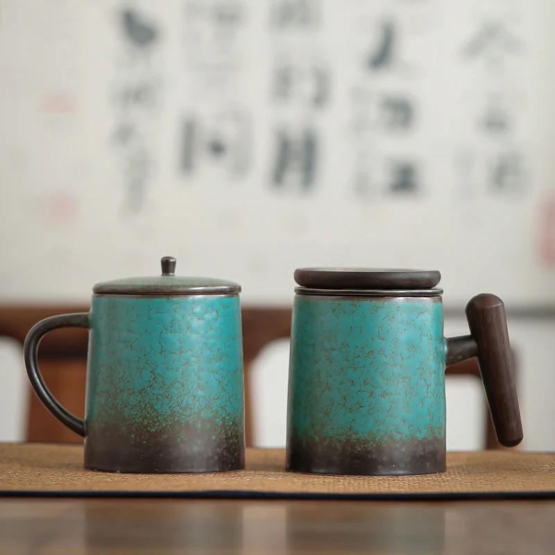 Ретро Керамическая Эстетическая Кружка Чашка для Бабл Ти с Крышкой Японская Чайная Водная Элегантные Оригинальные Кружки Кофейные Чашки Эспрессо Обожженная в Печи Деревянная Ручка Подарок