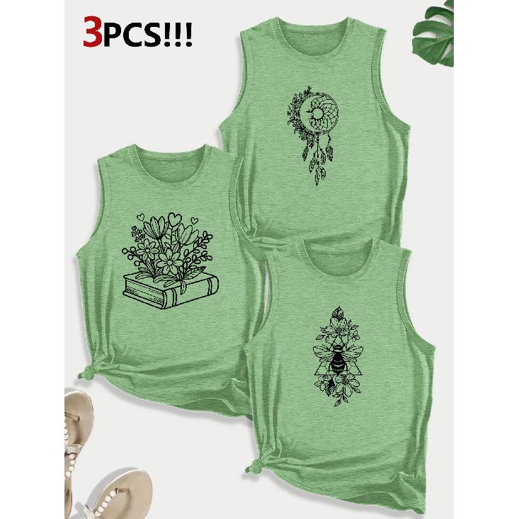 Dreamcatcher and Bee Book Combination Gift with Printed Pattern Round Neck3Pack of sleeveless vests for women in spring, summer, and autumn