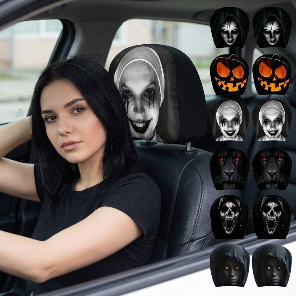 2Pcs Soft Comfortable Spooky Face Auto Headrest Sleeve Stretch Headrest Protector All Seasons