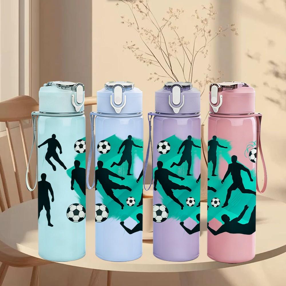 1PC Soccer Player Silhouette Group 750ml Color Plastic Sports Water Bottle Leakproof Flip Straw Lid Suitable for Sports Office Home Use