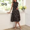 Women Midi Dress Round Neck Elastic High Waist Sleeveless A-line Big Swing Summer Dress Flower Printing Vacation Beach Dress
