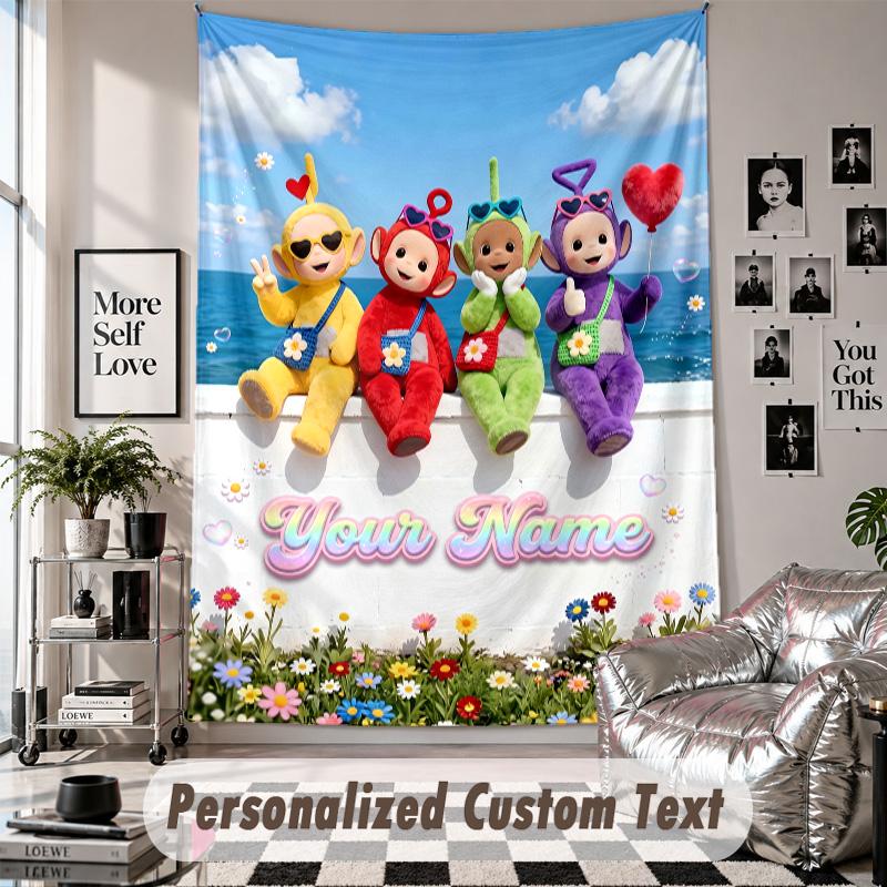 Wall Hanging Tapestry With Custom Name & Text, Teletubbies Decorative Tapestry For Bedroom