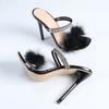 Fashion Summer Street Style Fashion Crystal Rhinestone Strap Slipper Women Sandals Fluffy Feathers High Heels Sexy Party Banquet Shoes