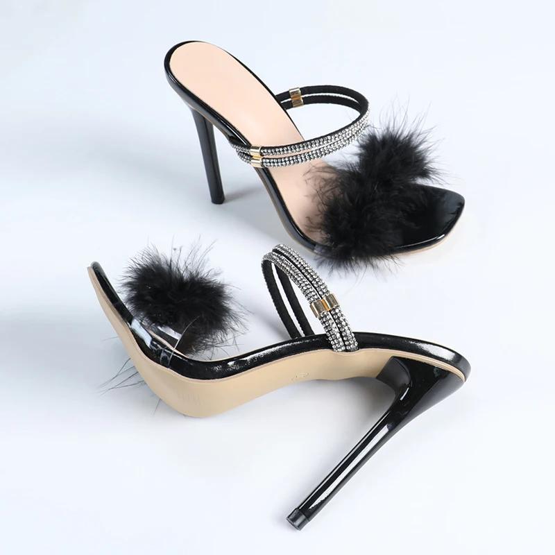 Fashion Summer Street Style Fashion Crystal Rhinestone Strap Slipper Women Sandals Fluffy Feathers High Heels Sexy Party Banquet Shoes