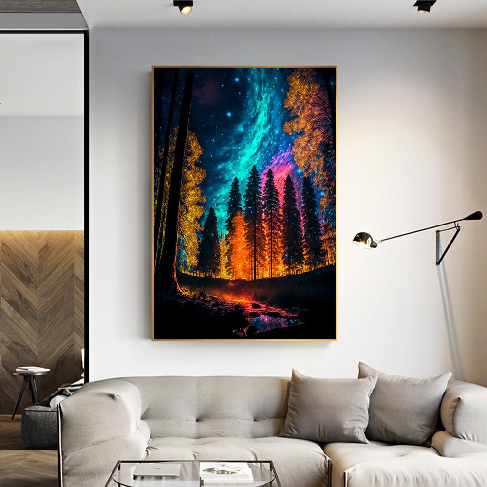Fantasy Magic Midnight Painting Canvas Print Wall Art Poster Dreamy Forest Starry Picture for Living Room Home Decor Cuadros
