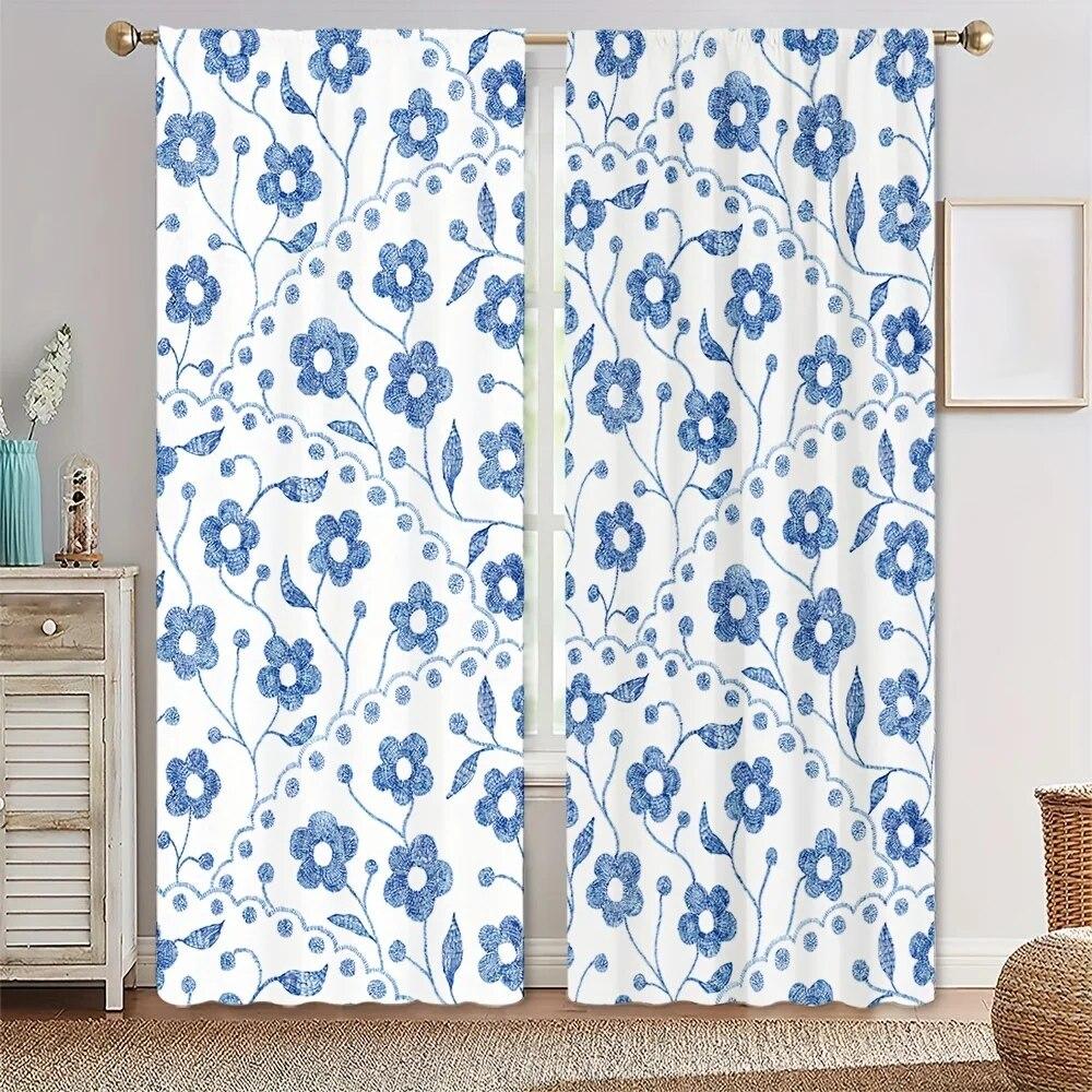 2 шт., полупрозрачные шторы с акварельным цветочным принтом, многосценные стержни, карманный декор, шторы для гостиной, спальни, домашний декор