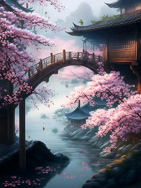 Японская вишня в цвету 5D DIY алмазная живопись водопад храм пейзаж полная алмазная мозаика вышивка крестиком