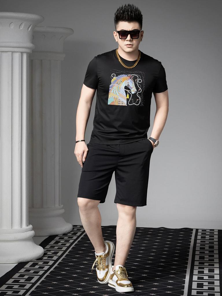 European Style 2025 Summer New Men's Round Neck Trendy Brand Printed Rhinestone Short-Sleeve T-Shirt Casual Half-Sleeve Top