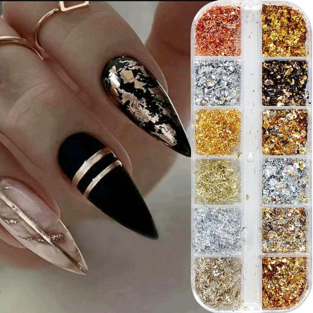 Holographic Nail Glitters Sequins 12 Grids Nail Art Flakes Nail Glitter Gold Foils DIY Manicure