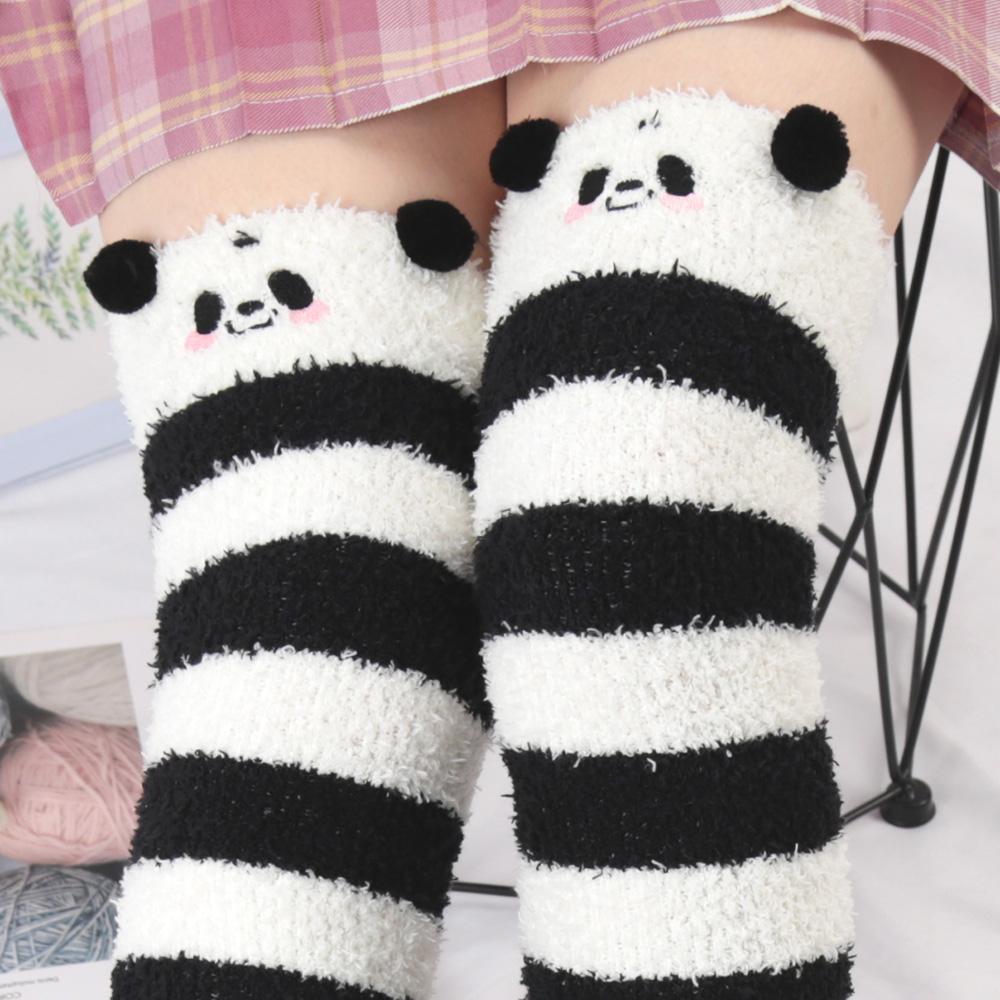 Soft Coral Fleece Sweet Knee Socks Winter Warm Girl Women Cute Cartoon Animal Stockings Striped Cozy Thigh High Christmas Gift