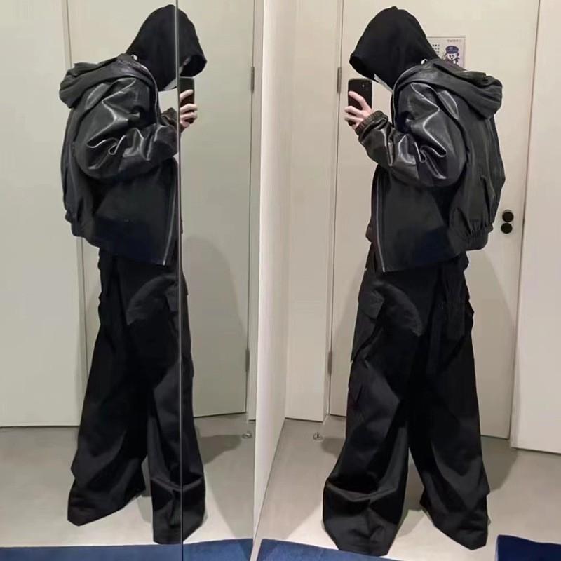 American High Street RO Style Wide Leg Cargo Pants Couples Dark Multi Pocket Flared Trousers