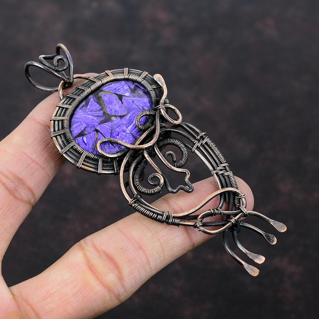 Медный кулон из чароита, обернутый медной проволокой, ювелирное изделие из драгоценных камней, кулон ручной работы в современном стиле из медной проволоки, ювелирное изделие для особого случая, подарок