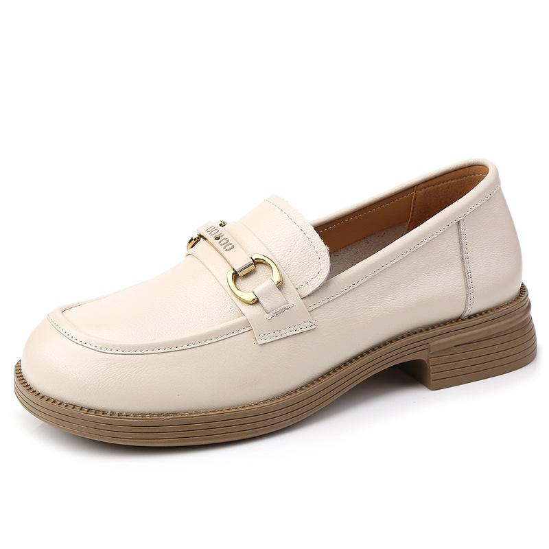 Мокасины из натуральной кожи с круглым носком, весенне-осенний женский толстый каблук, универсальные кожаные туфли большого размера, повседневная женская обувь в британском стиле