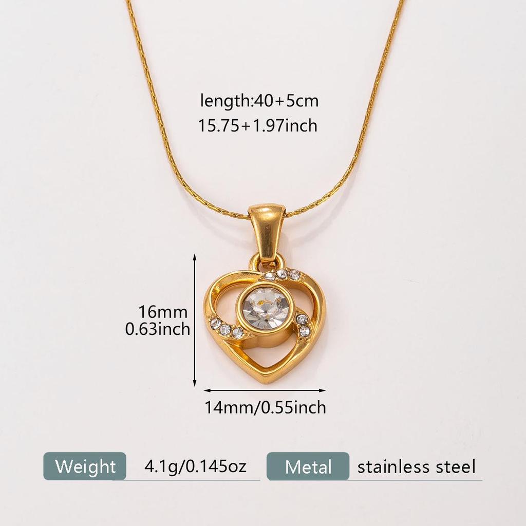 18K Zirconia Hollow Heart Pendant Necklace with Stainless Steel Chain for Women
