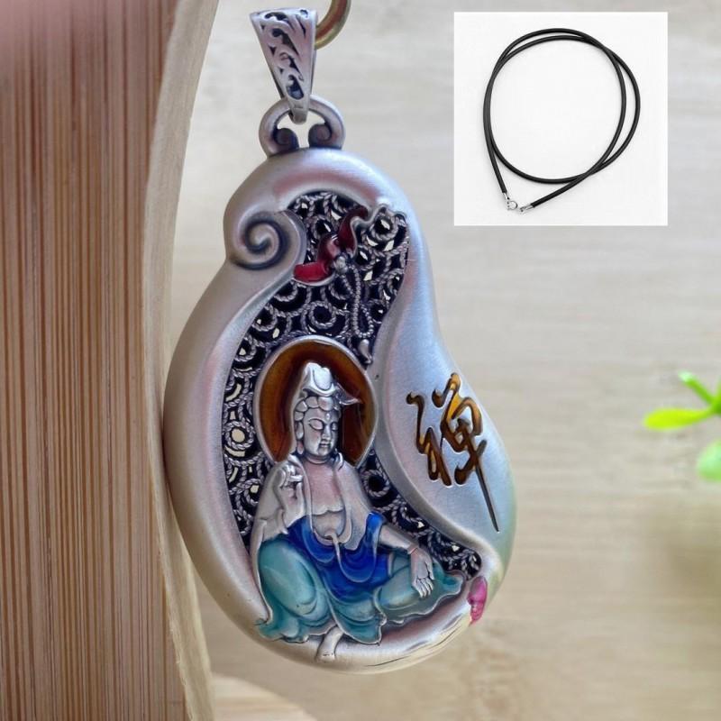 Copper Hollow Carved Guanyin Pendant Necklace Men Women Vintage Style Religious Charm With Chain