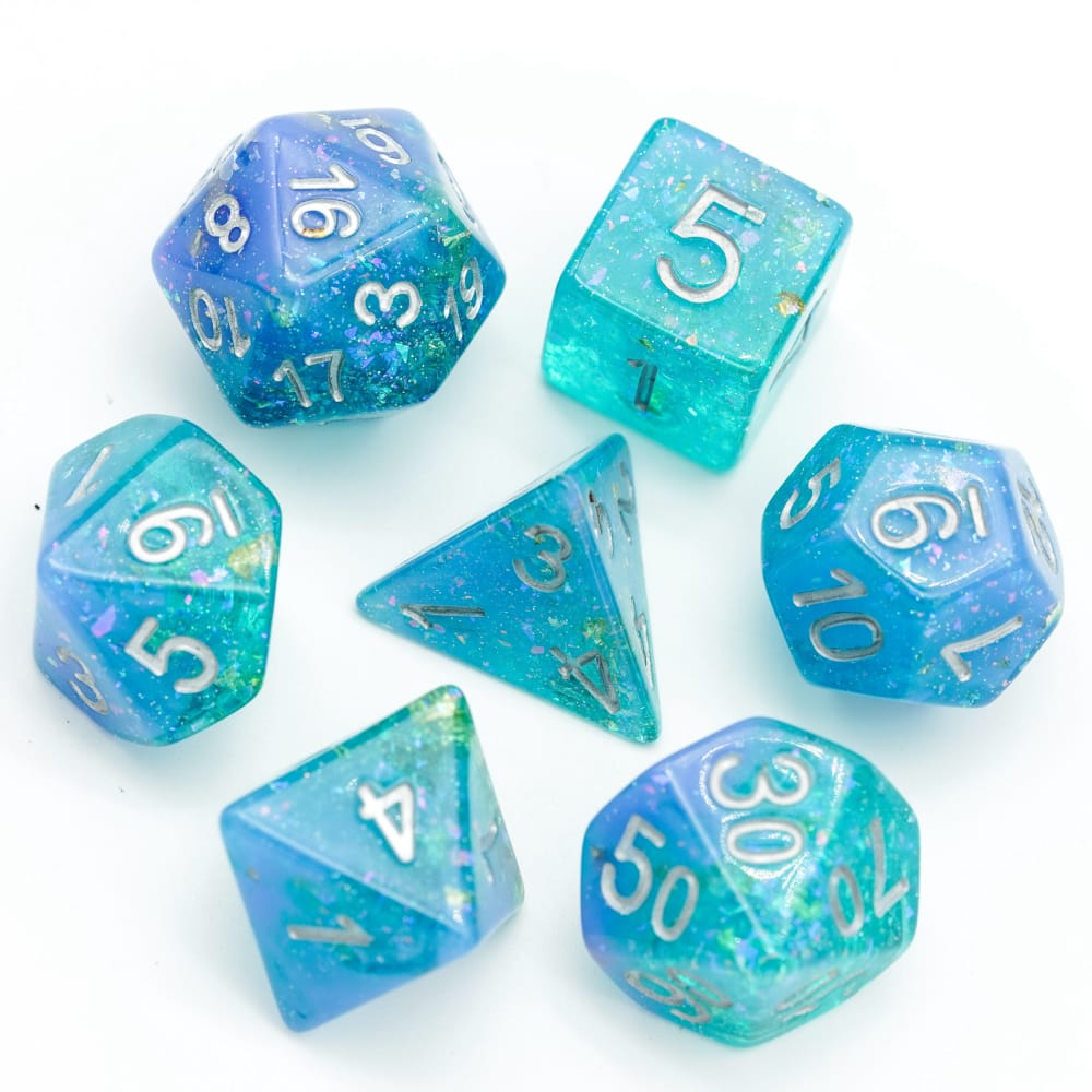 Cusdie Двухцветные кубики DND 7 кубиков D&D из смолы с блестками D4 D6 D8 D10 D% D12 D20 Набор многогранных кубиков для ролевых настольных игр