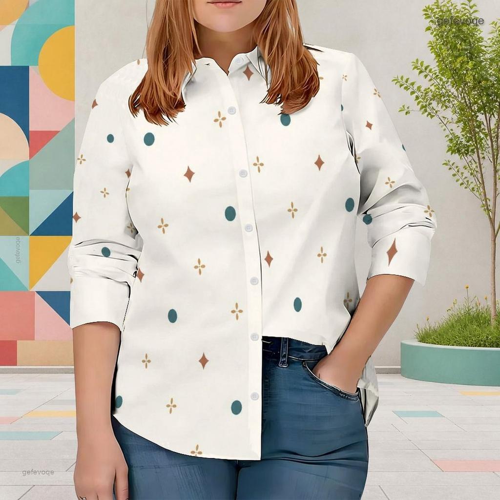 Women Plus Size Collared Neck Long Sleeve Geometric Printed Curved Hem Button Front White Shirt