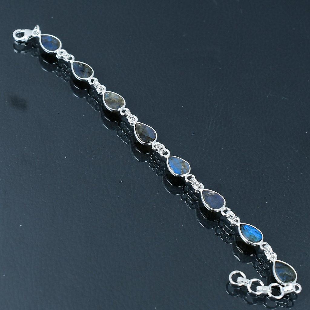 Браслет из натурального лабрадорита, серебро 925 пробы, браслет с звеньями в форме груши, браслет ручной работы, ювелирный подарок на День святого Валентина