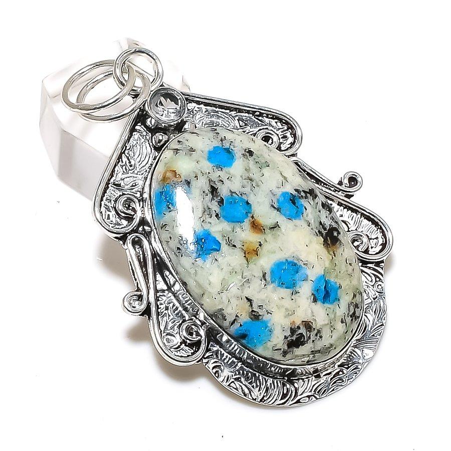 K2 Blue Azurite Gemstone 925 Steling Silver Jewelry Pendant 2.56" T2n23