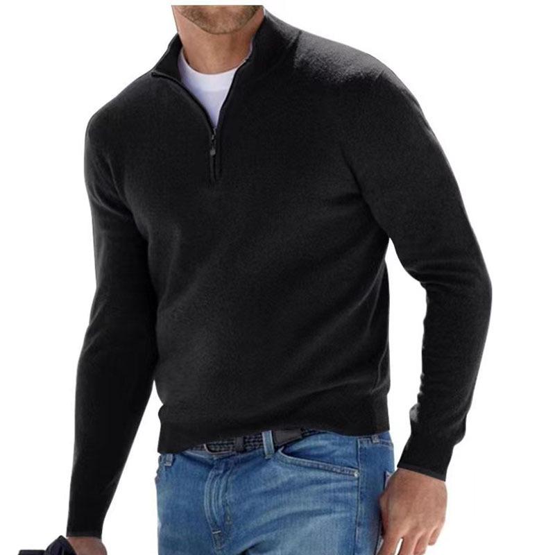 Men's Autumn Long Sleeve V-Neck Wool Polo Shirt with Plush Zipper