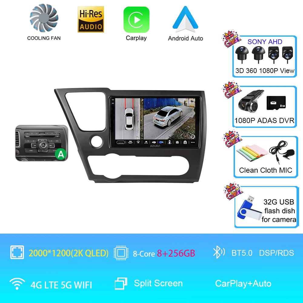 9" QLED 12G 256G Car Radio Android 14 For Honda Civic 9 2013 - 2016 Stereo Wireless Carplay Auto Navigation GPS Multimedia Playe